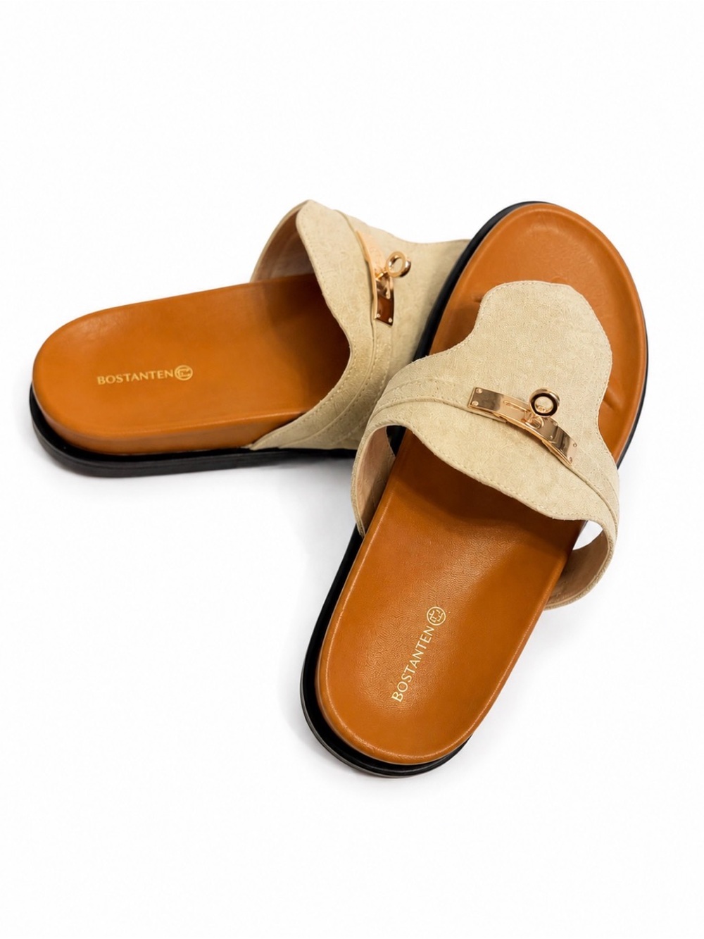 NWOT BOSTANTEN Beige Suede Slide Sandals w/ Gold Hardware | Size 8.5 | EUC